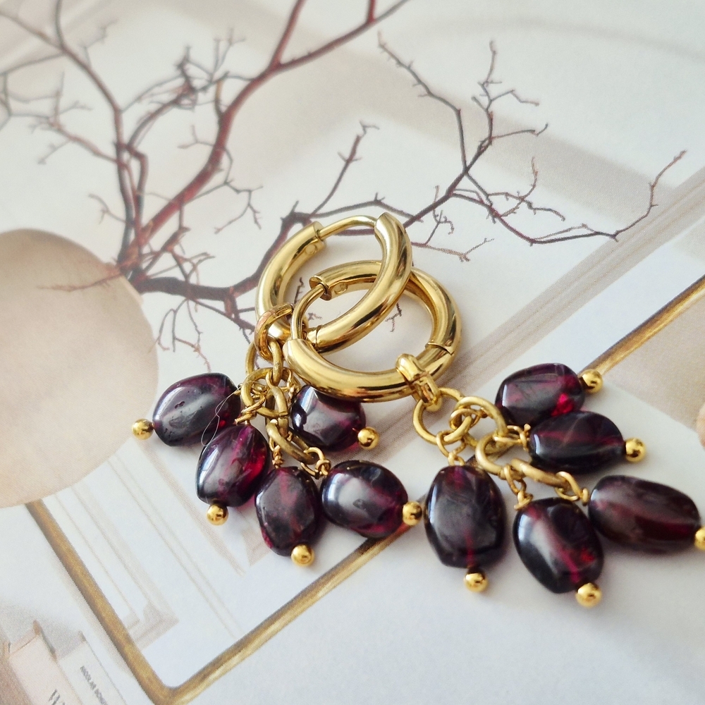 18k Gold Plated Hoops Earrings With Dangle Semiprecious Garnet  Artisan Made